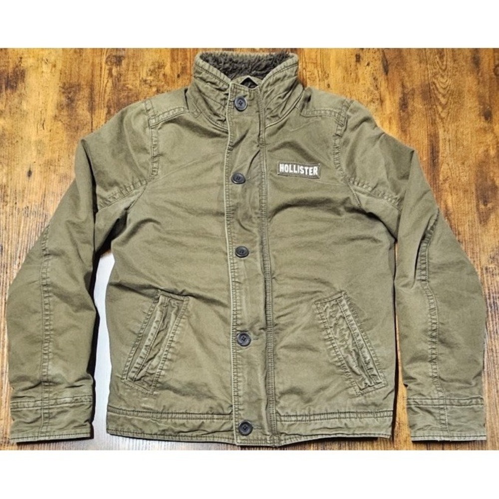 Hollister Men's Heavy Jacket Faux Fur Lined Size Medium Green Military Coat VTG